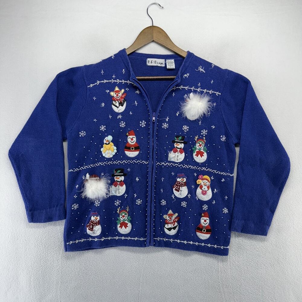 Vintage Snowman Sweater Women's Large Blue Cardigan Festive Ugly Christmas 90s
